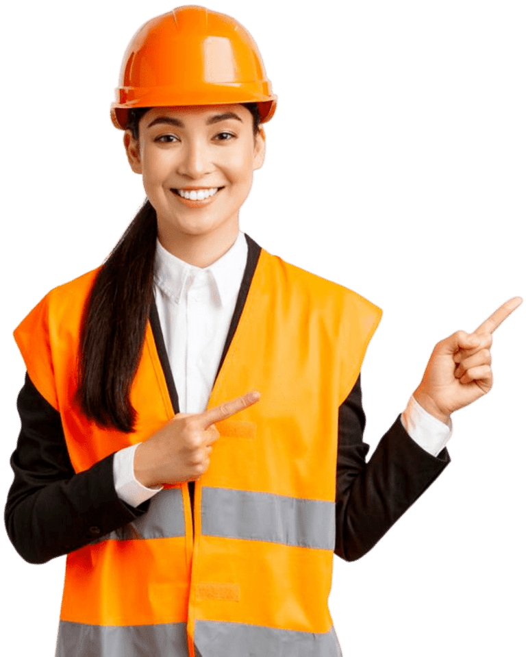Women construction worker pointing fingers in orange hard hat and vest