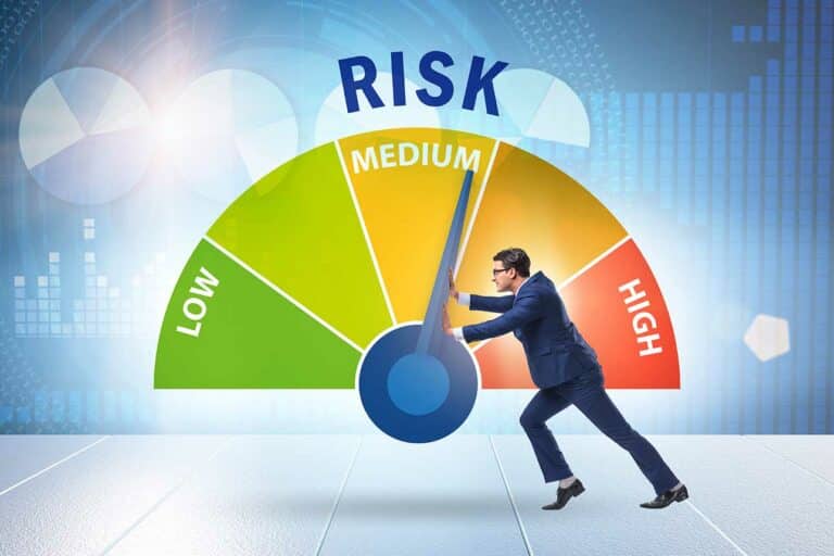 Man stopping risk management meter from reaching high risk management.