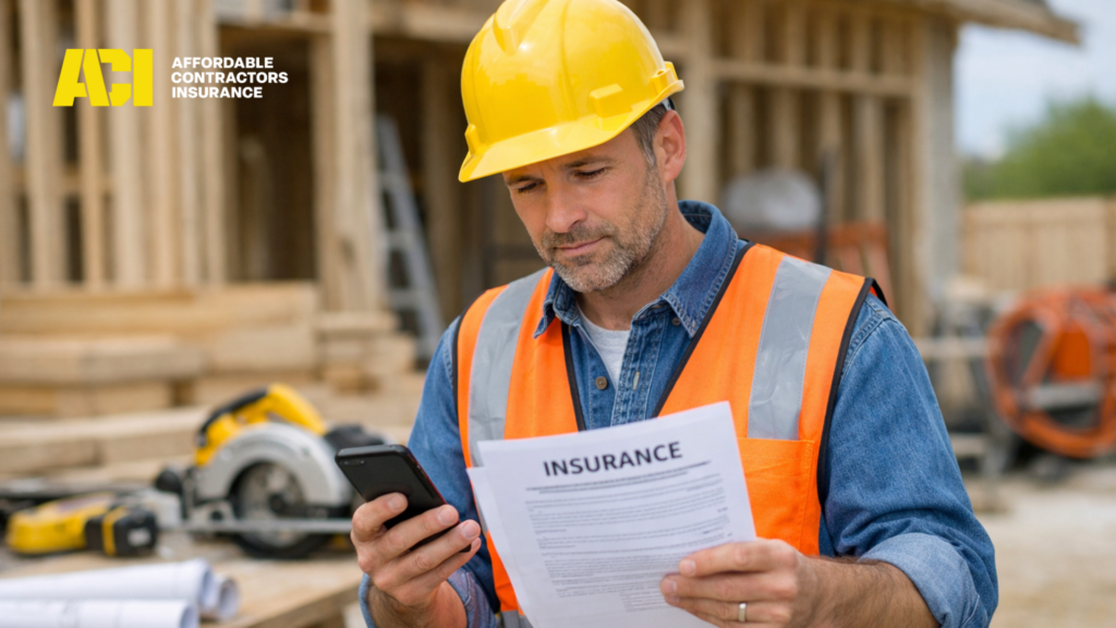 Contractor reviewing insurance documents at a jobsite before starting work