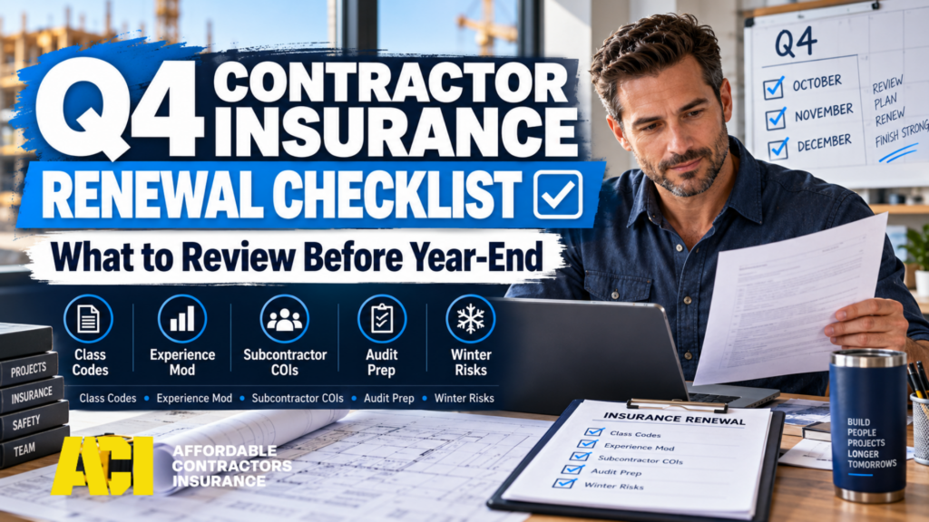 Contractor reviewing insurance policies and a renewal calendar before year-end